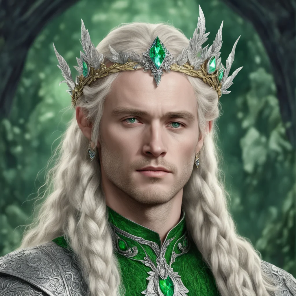 aitolkien king amroth with blonde hair and braids wearing silver leaves encrusted with diamonds forming a silver elvish circlet with large green center diamond  amazing awesome portrait 2