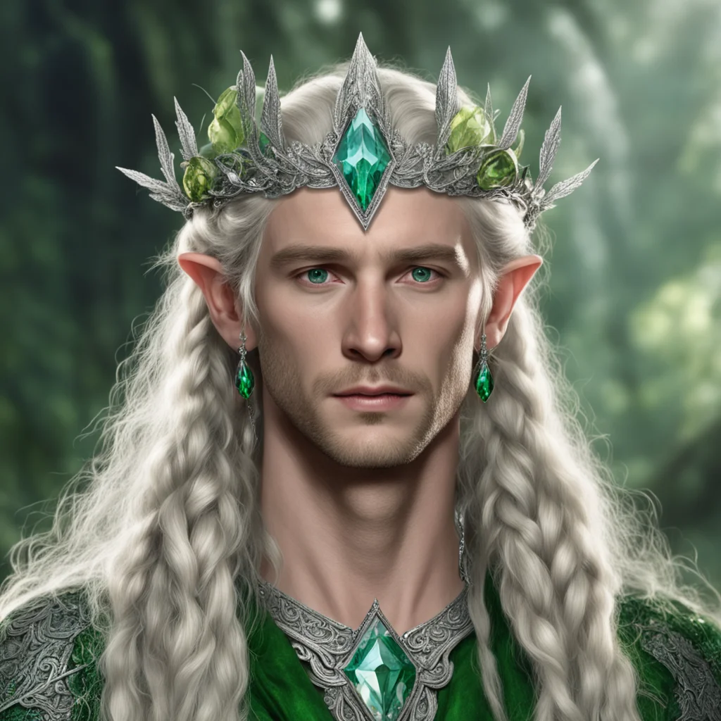 aitolkien king amroth with blonde hair and braids wearing silver leaves encrusted with diamonds forming a silver elvish circlet with large green center diamond  good looking trending fantastic 1