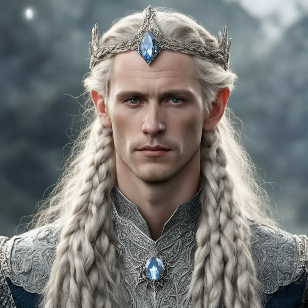 aitolkien king amroth with blonde hair and braids wearing silver serpentine sindarin elvish circlet encrusted with diamonds with large center diamond  amazing awesome portrait 2