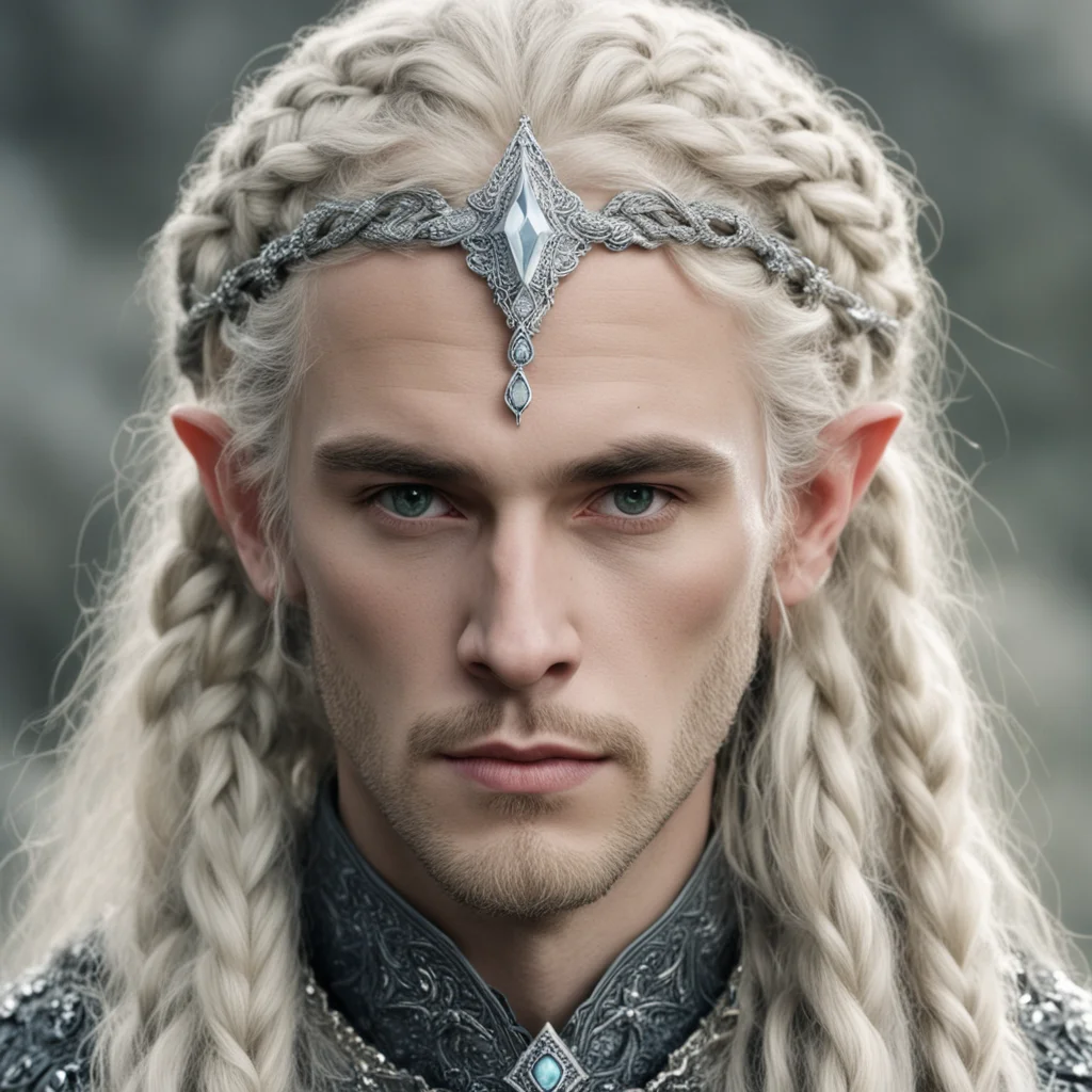 aitolkien king amroth with blonde hair and braids wearing silver serpentine sindarin elvish circlet encrusted with diamonds with large center diamond  good looking trending fantastic 1