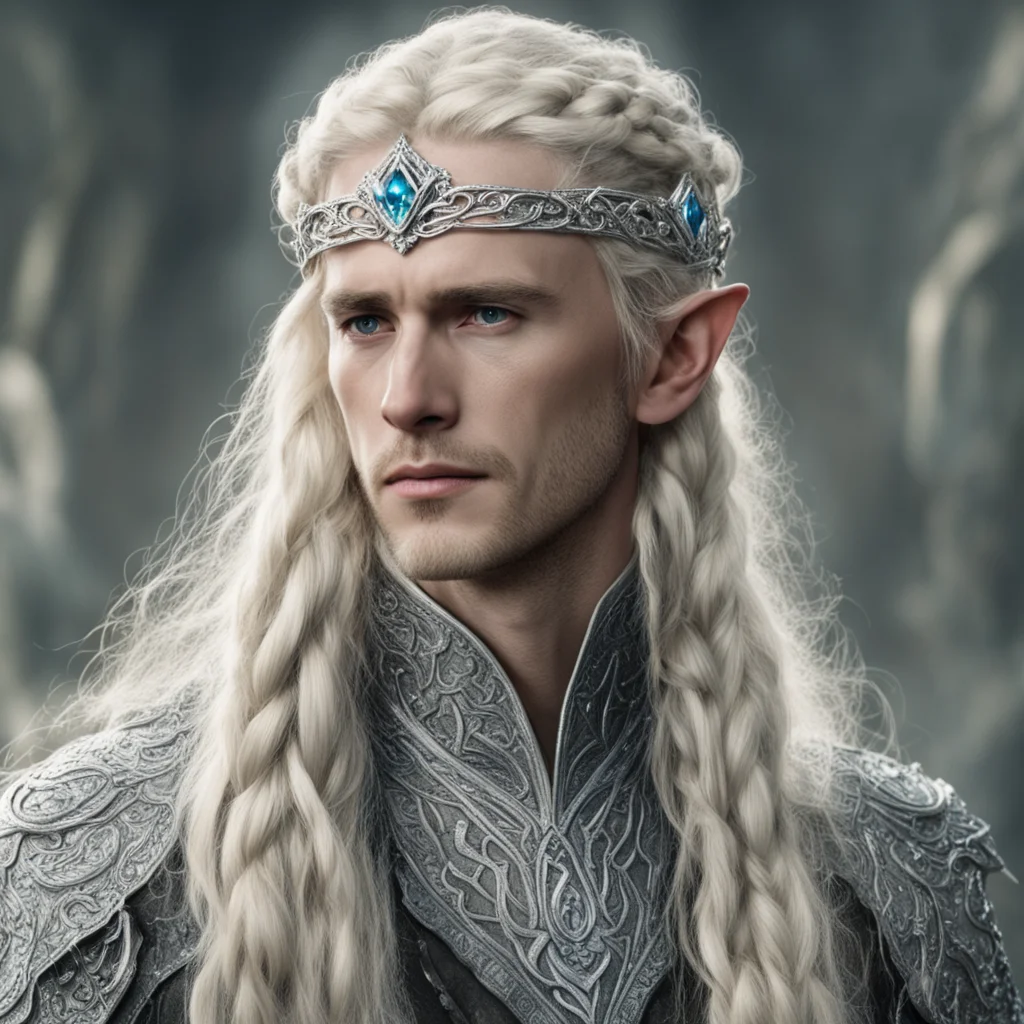 aitolkien king amroth with blonde hair and braids wearing silver serpentine sindarin elvish circlet encrusted with diamonds with large center diamond 