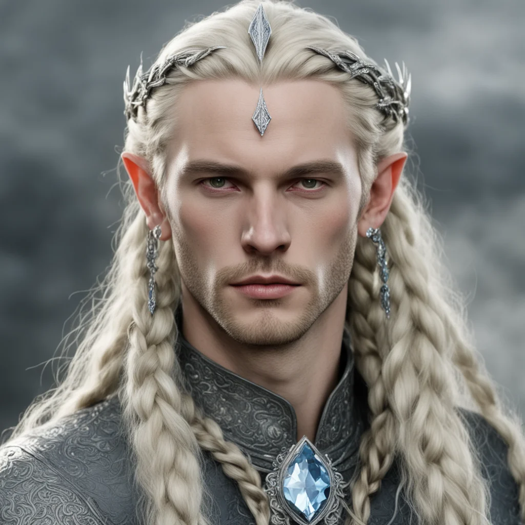 aitolkien king amroth with blonde hair and braids wearing silver serpentine sindarin elvish circlet encrusted with diamonds with large center diamond amazing awesome portrait 2