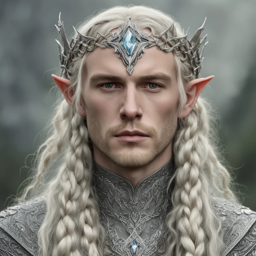 aitolkien king amroth with blonde hair and braids wearing silver serpentine sindarin elvish circlet encrusted with diamonds with large center diamond good looking trending fantastic 1