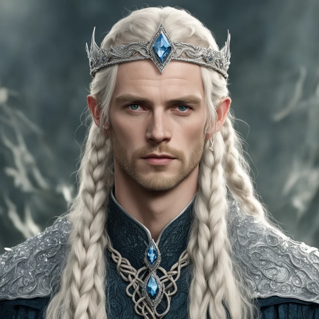 aitolkien king amroth with blonde hair and braids wearing silver serpentine sindarin elvish circlet encrusted with diamonds with large center diamond
