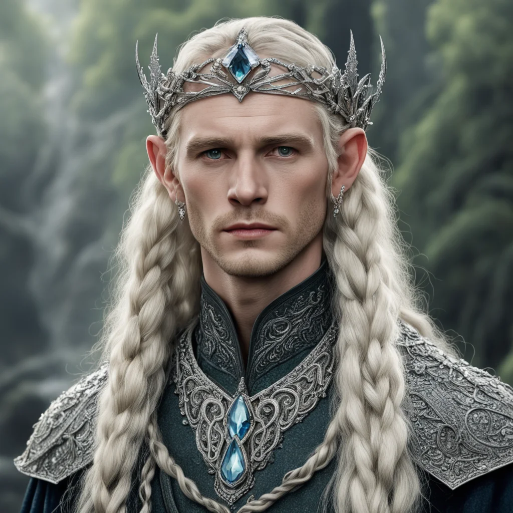 aitolkien king amroth with blonde hair and braids wearing silver serpentine sindarin elvish coronet encrusted with diamonds with large center diamond amazing awesome portrait 2