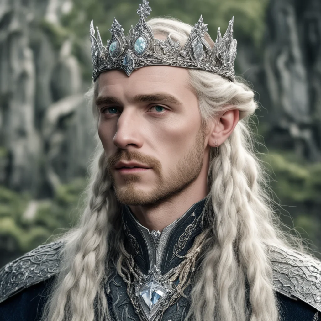 aitolkien king amroth with blonde hair and braids wearing silver serpentine sindarin elvish coronet encrusted with diamonds with large center diamond confident engaging wow artstation art 3