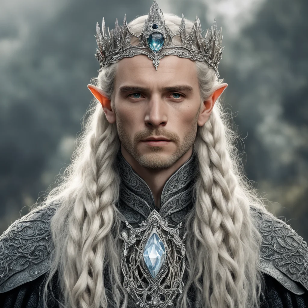 aitolkien king amroth with blonde hair and braids wearing silver serpentine sindarin elvish coronet encrusted with diamonds with large center diamond good looking trending fantastic 1