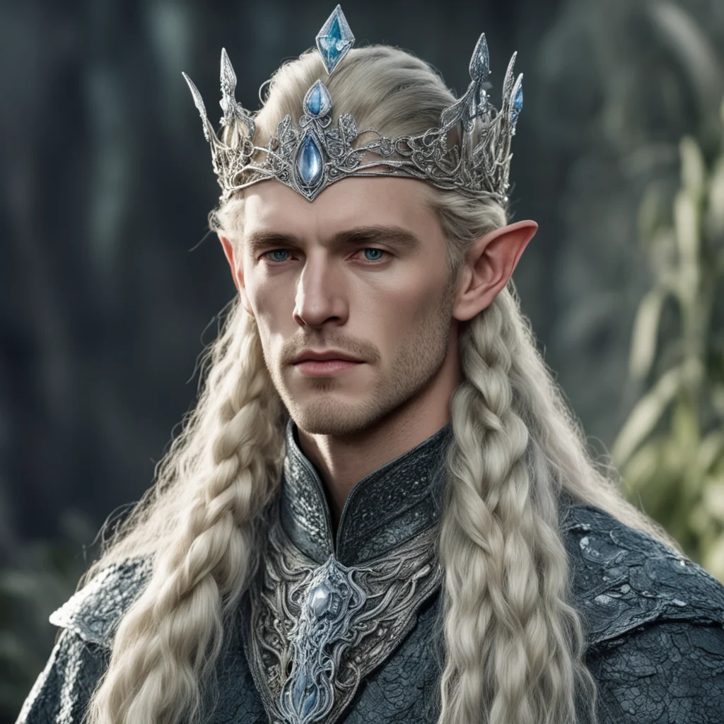 aitolkien king amroth with blonde hair and braids wearing silver serpentine sindarin elvish coronet encrusted with diamonds with large center diamond