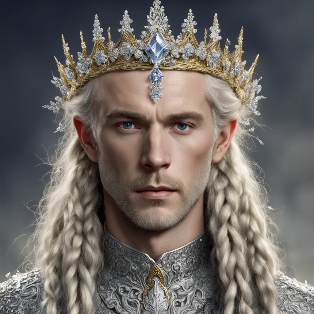 aitolkien king amroth with golden hair and braids wearing silver flowers encrusted with diamonds forming a silver elvish crown with large center diamond  amazing awesome portrait 2