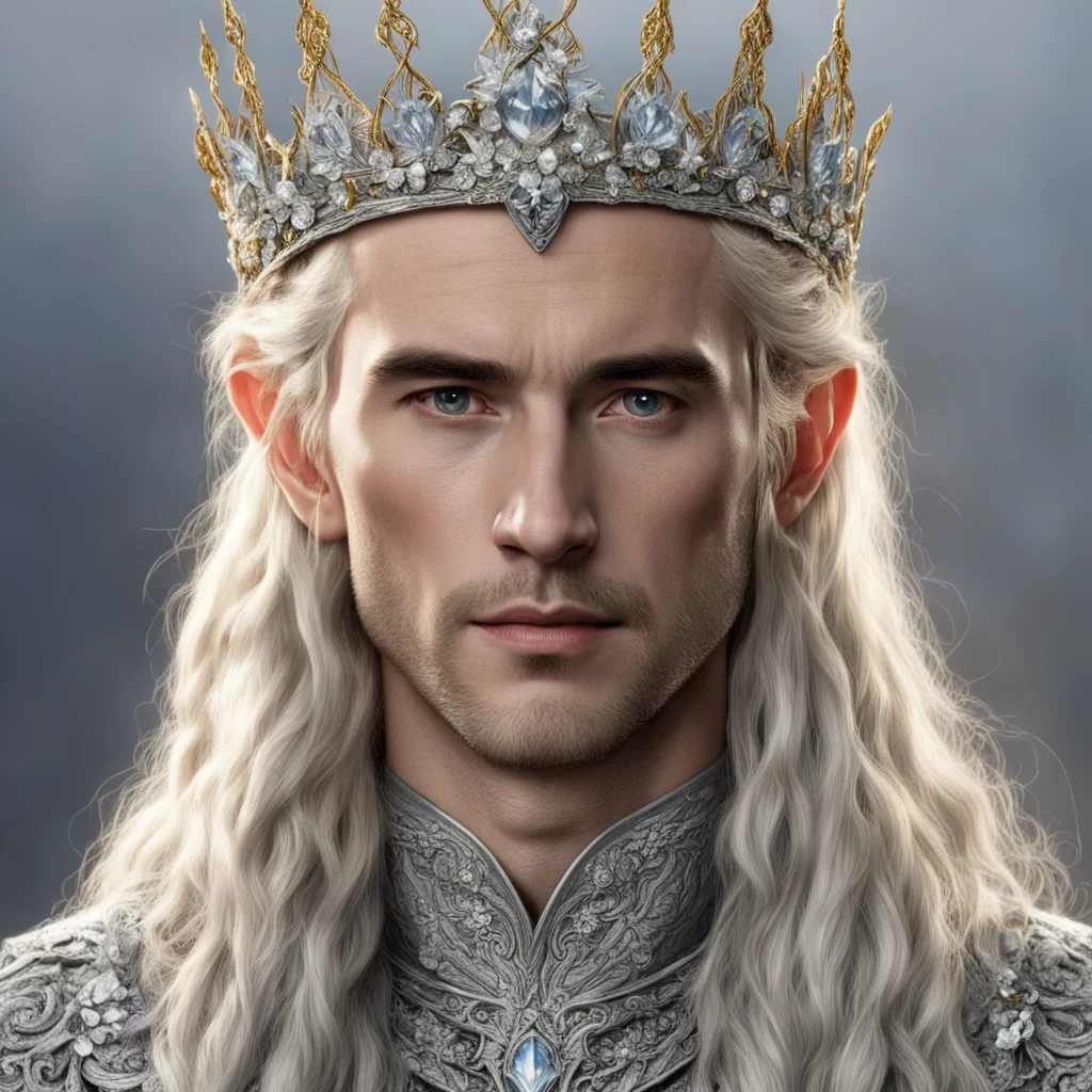 tolkien king amroth with golden hair and braids wearing silver flowers encrusted with diamonds forming a silver elvish crown with large center diamond  confident engaging wow artstation art 3