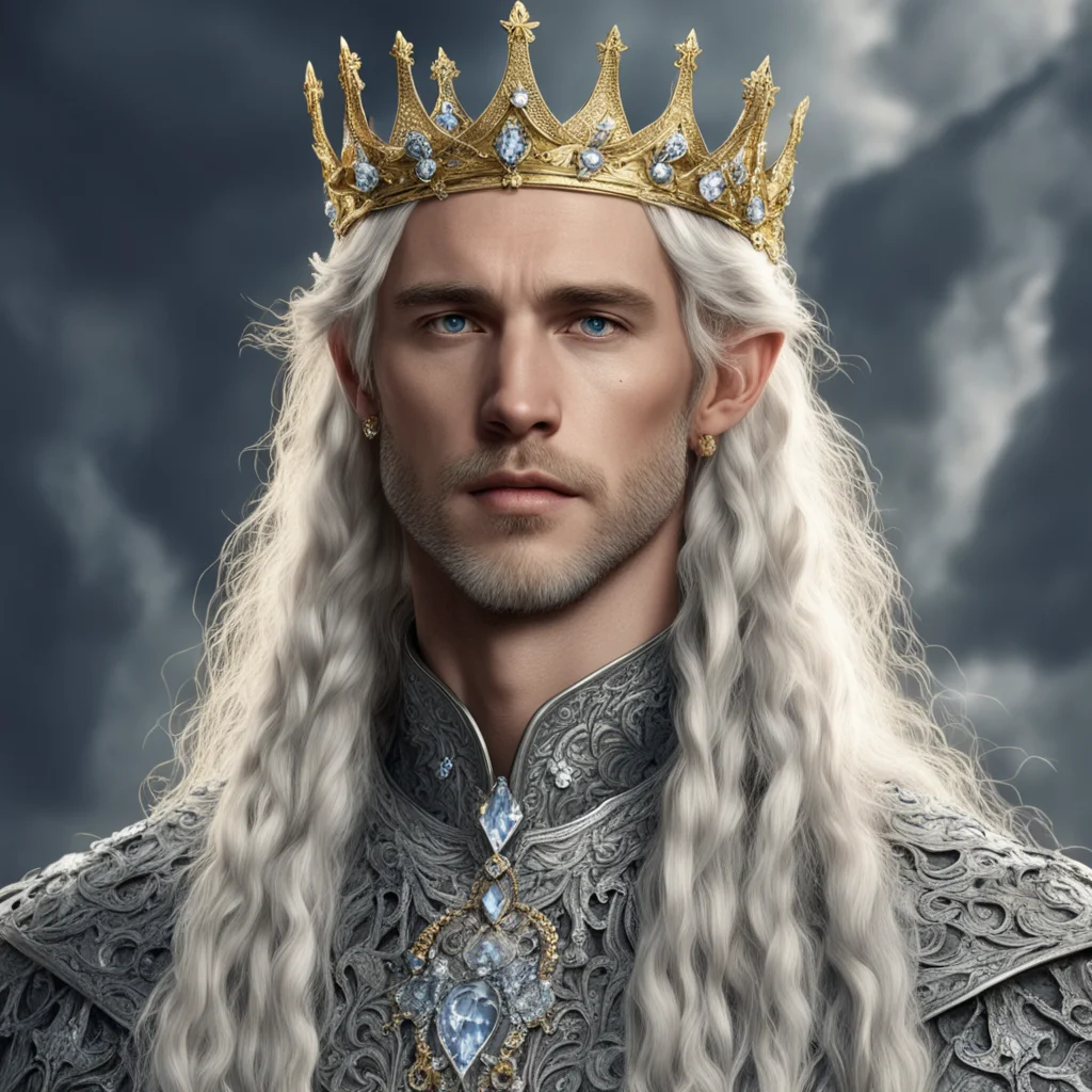 aitolkien king amroth with golden hair and braids wearing silver flowers encrusted with diamonds forming a silver elvish crown with large center diamond  good looking trending fantastic 1