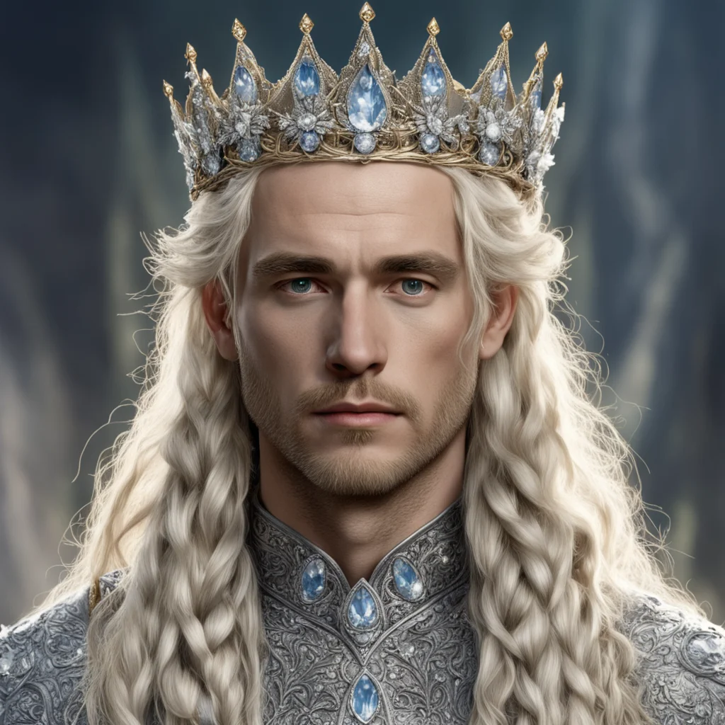 aitolkien king amroth with golden hair and braids wearing silver flowers encrusted with diamonds forming a silver elvish crown with large center diamond 