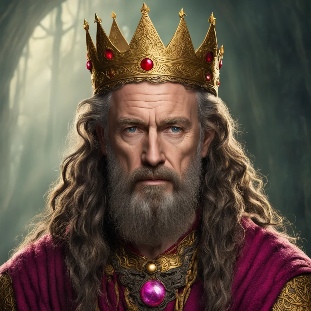 aitolkien king durin with brown hair with braided beard wearing golden dwarvish crown with star rubies confident engaging wow artstation art 3