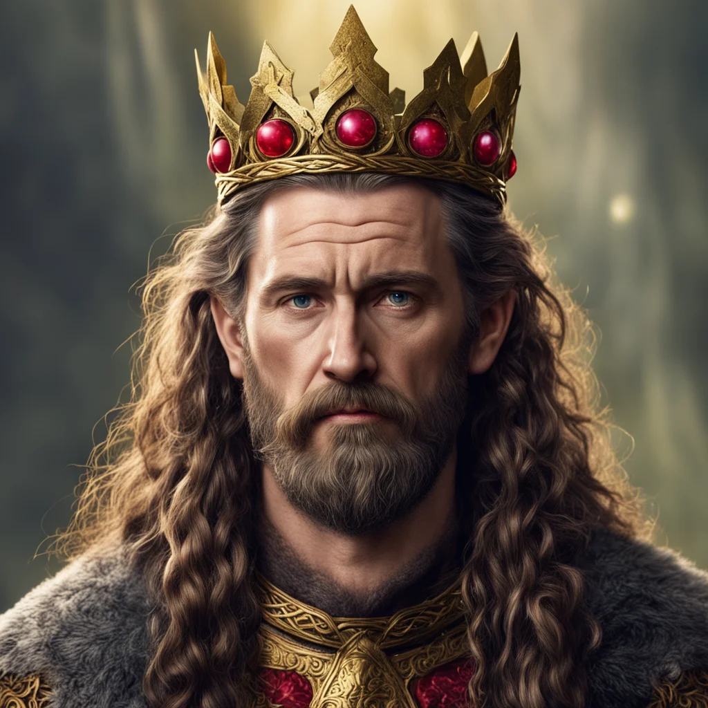 aitolkien king durin with brown hair with braided beard wearing golden dwarvish crown with star rubies