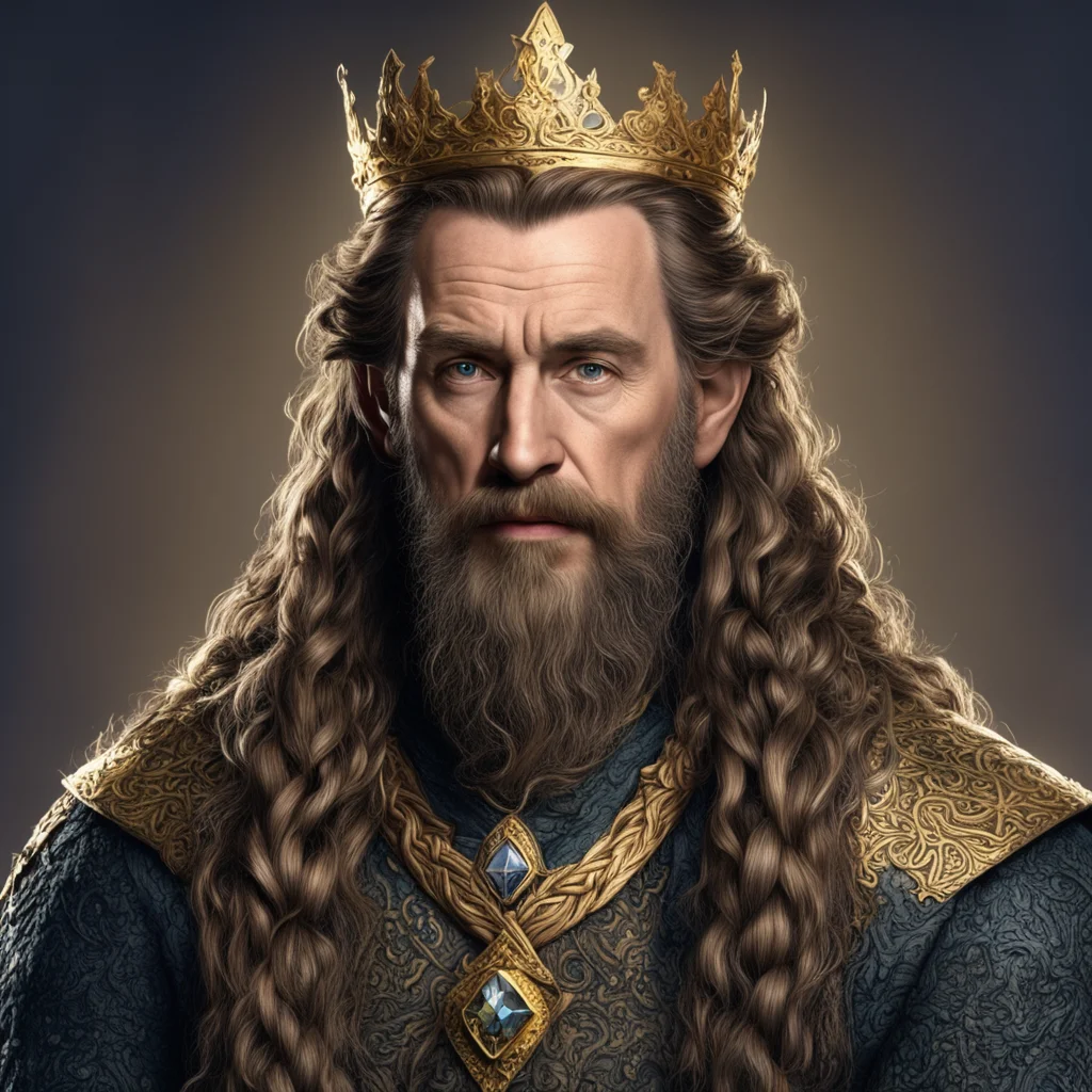 aitolkien king durin with brown hair with braided beard with golden crown with diamonds