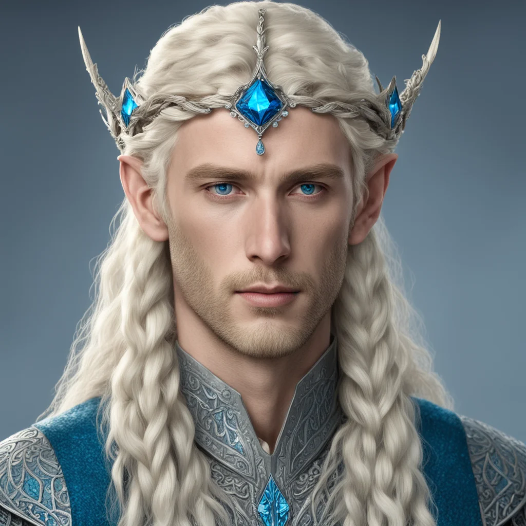 aitolkien king finarfin with blond hair with braids wearing silver noldoran elvish circlet with blue diamonds confident engaging wow artstation art 3