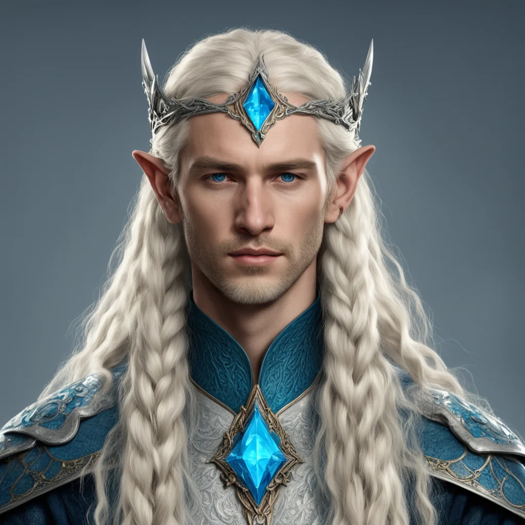 tolkien king finarfin with blond hair with braids wearing silver noldoran elvish circlet with blue diamonds good looking trending fantastic 1