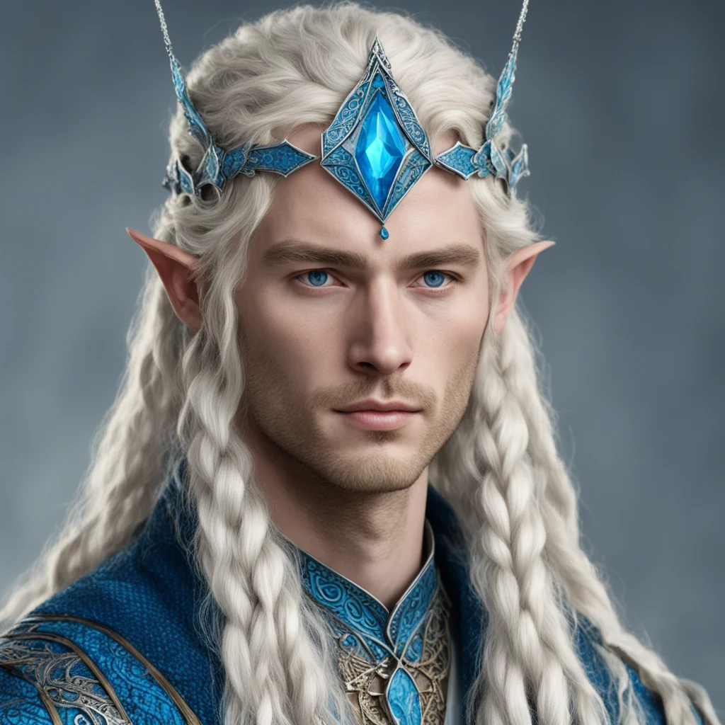 aitolkien king finarfin with blond hair with braids wearing silver noldoran elvish circlet with blue diamonds