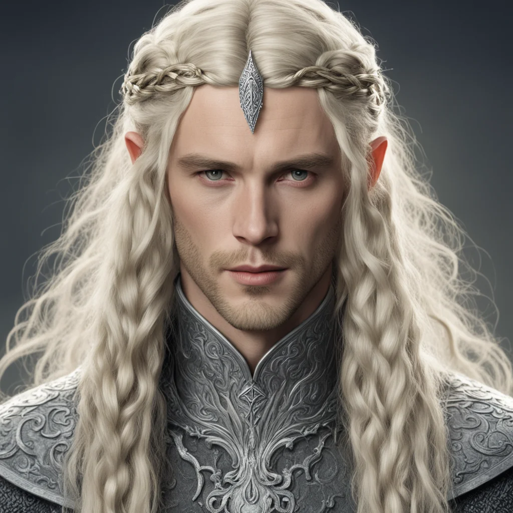 tolkien king finarfin with blond hair with braids wearing silver noldoran elvish circlet with diamonds good looking trending fantastic 1