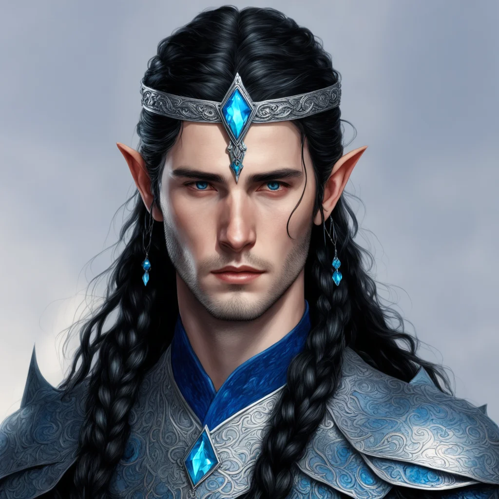 tolkien king fingolfin with dark hair with braids wearing silver noldoran elvish circlet with blue diamonds amazing awesome portrait 2