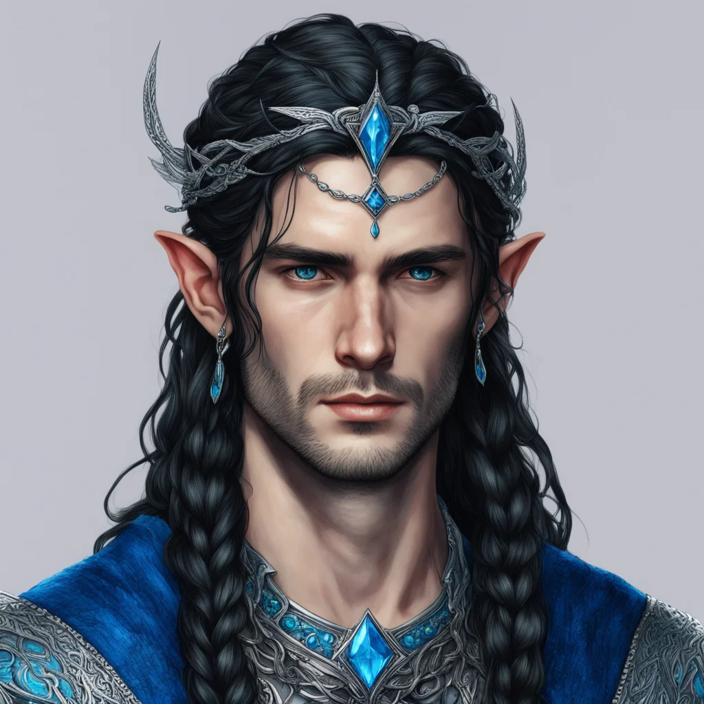 tolkien king fingolfin with dark hair with braids wearing silver noldoran elvish circlet with blue diamonds confident engaging wow artstation art 3