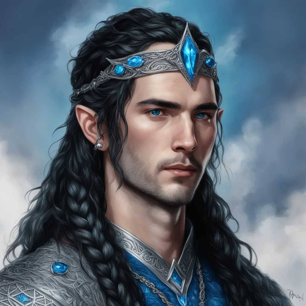 tolkien king fingolfin with dark hair with braids wearing silver noldoran elvish circlet with blue diamonds good looking trending fantastic 1