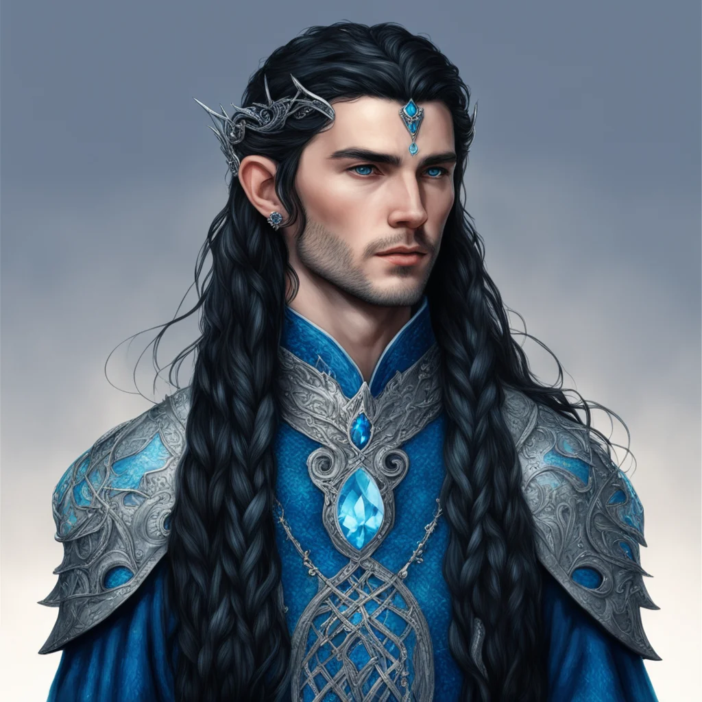 tolkien king fingolfin with dark hair with braids wearing silver noldoran elvish circlet with blue diamonds