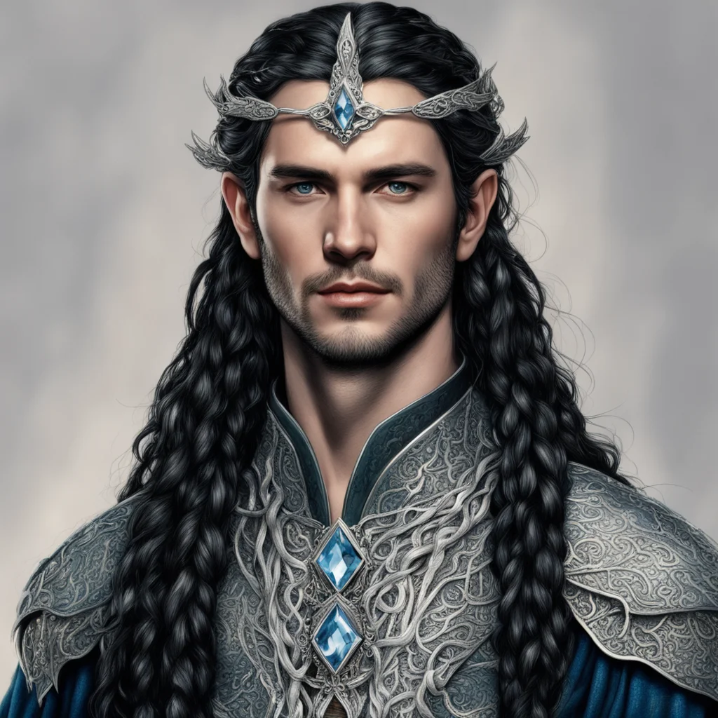tolkien king fingon with dark hair and braids wearing silver serpentine elvish circlet encrusted with diamonds with large center diamond  amazing awesome portrait 2