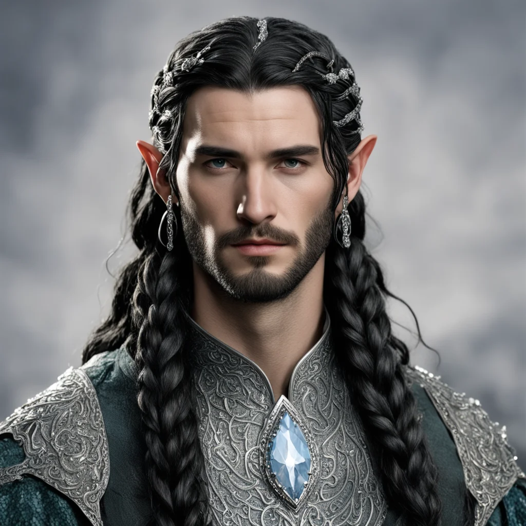 tolkien king fingon with dark hair and braids wearing silver serpentine elvish circlet encrusted with diamonds with large center diamond  good looking trending fantastic 1