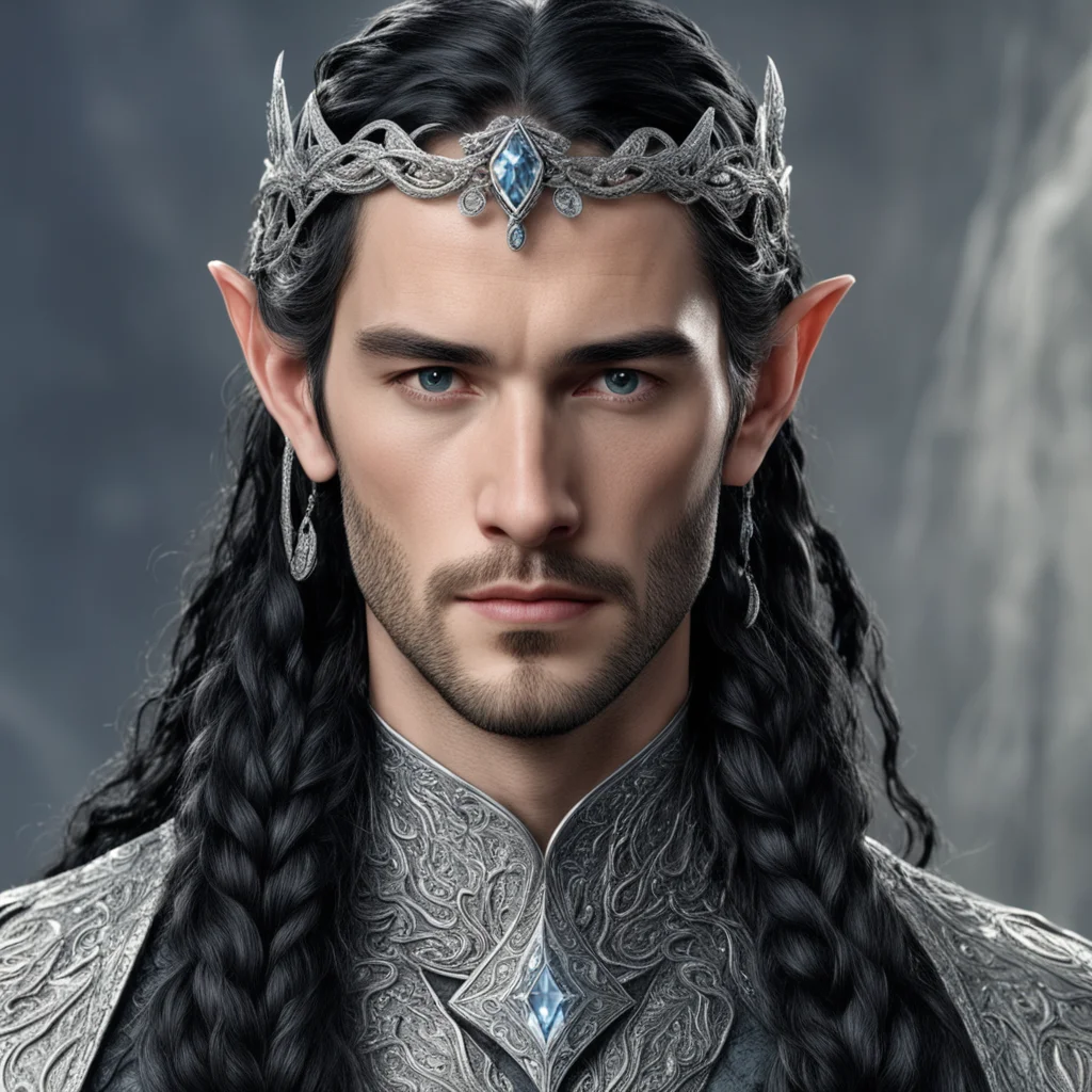 tolkien king fingon with dark hair and braids wearing silver serpentine elvish circlet encrusted with diamonds with large center diamond 