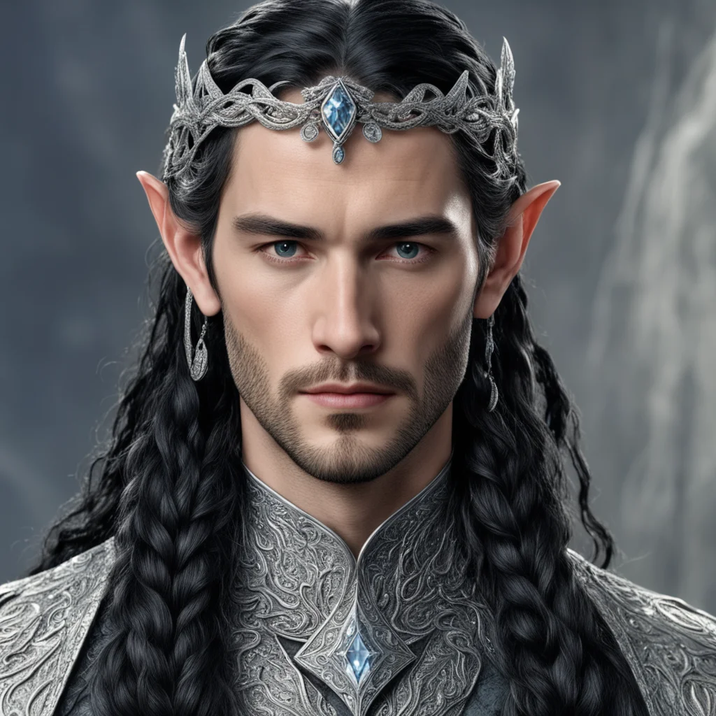 aitolkien king fingon with dark hair and braids wearing silver serpentine elvish circlet encrusted with diamonds with large center diamond 