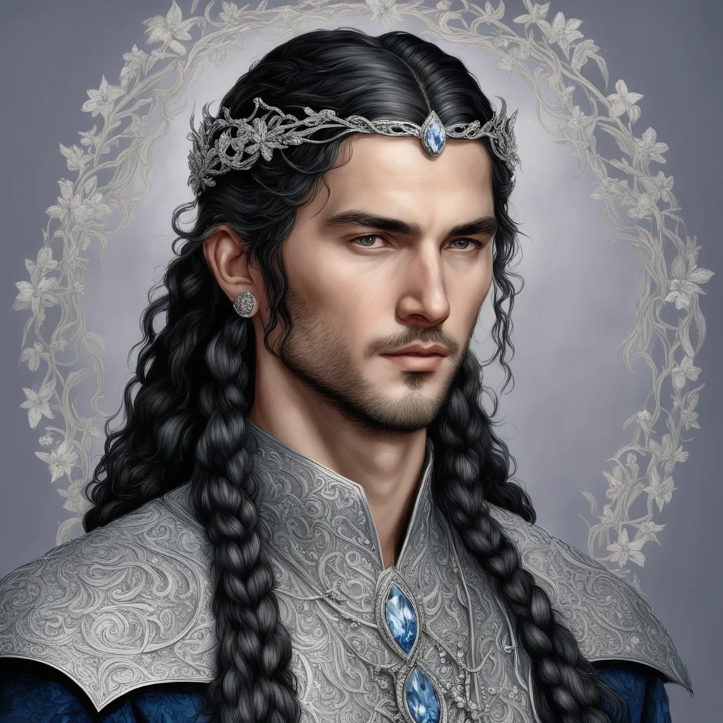 tolkien king fingon with dark hair and braids wearing silver vines encrusted with diamonds with silver flowers encrusted with diamonds forming a silver elvish circlet with large center diamond amazi