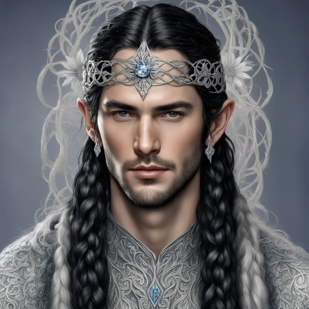 tolkien king fingon with dark hair and braids wearing silver vines encrusted with diamonds with silver flowers encrusted with diamonds forming a silver elvish circlet with large center diamond confi