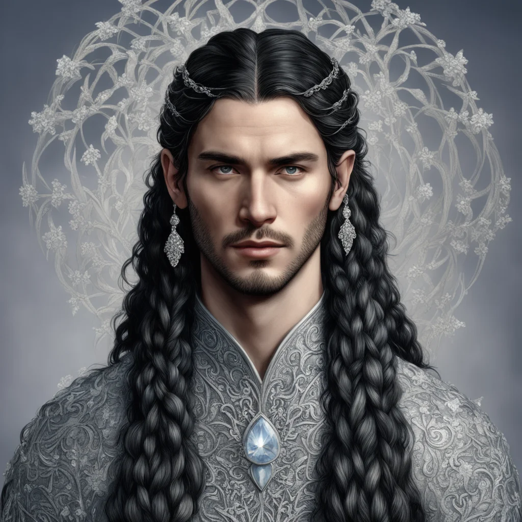 tolkien king fingon with dark hair and braids wearing silver vines encrusted with diamonds with silver flowers encrusted with diamonds forming a silver elvish circlet with large center diamond good 
