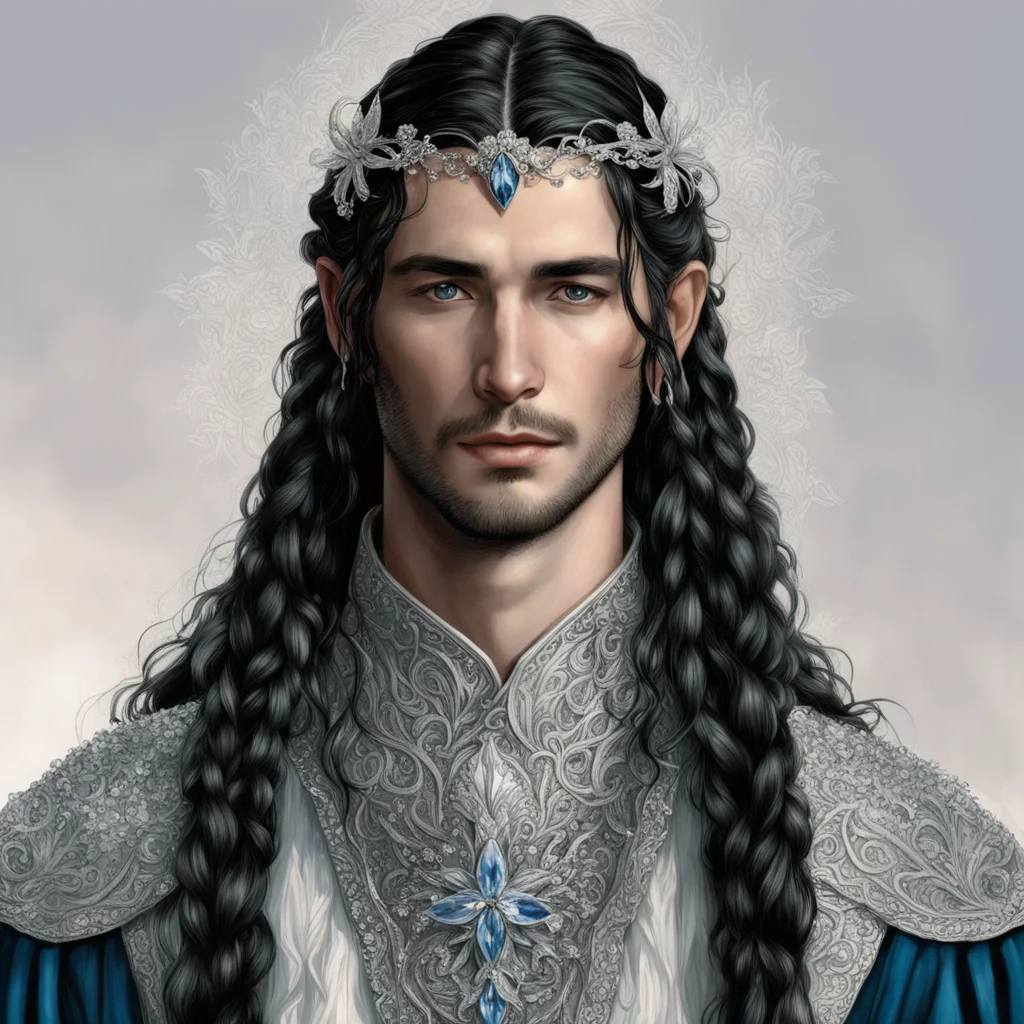 aitolkien king fingon with dark hair and braids wearing silver vines encrusted with diamonds with silver flowers encrusted with diamonds forming a silver elvish circlet with large center diamond