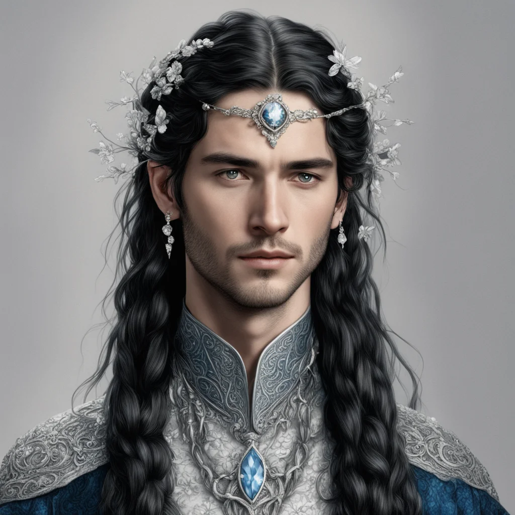 tolkien king fingon with dark hair and braids wearing small silver flowers encrusted with diamonds to form a small silver serpentine elvish circlet with large center diamond  amazing awesome portrai