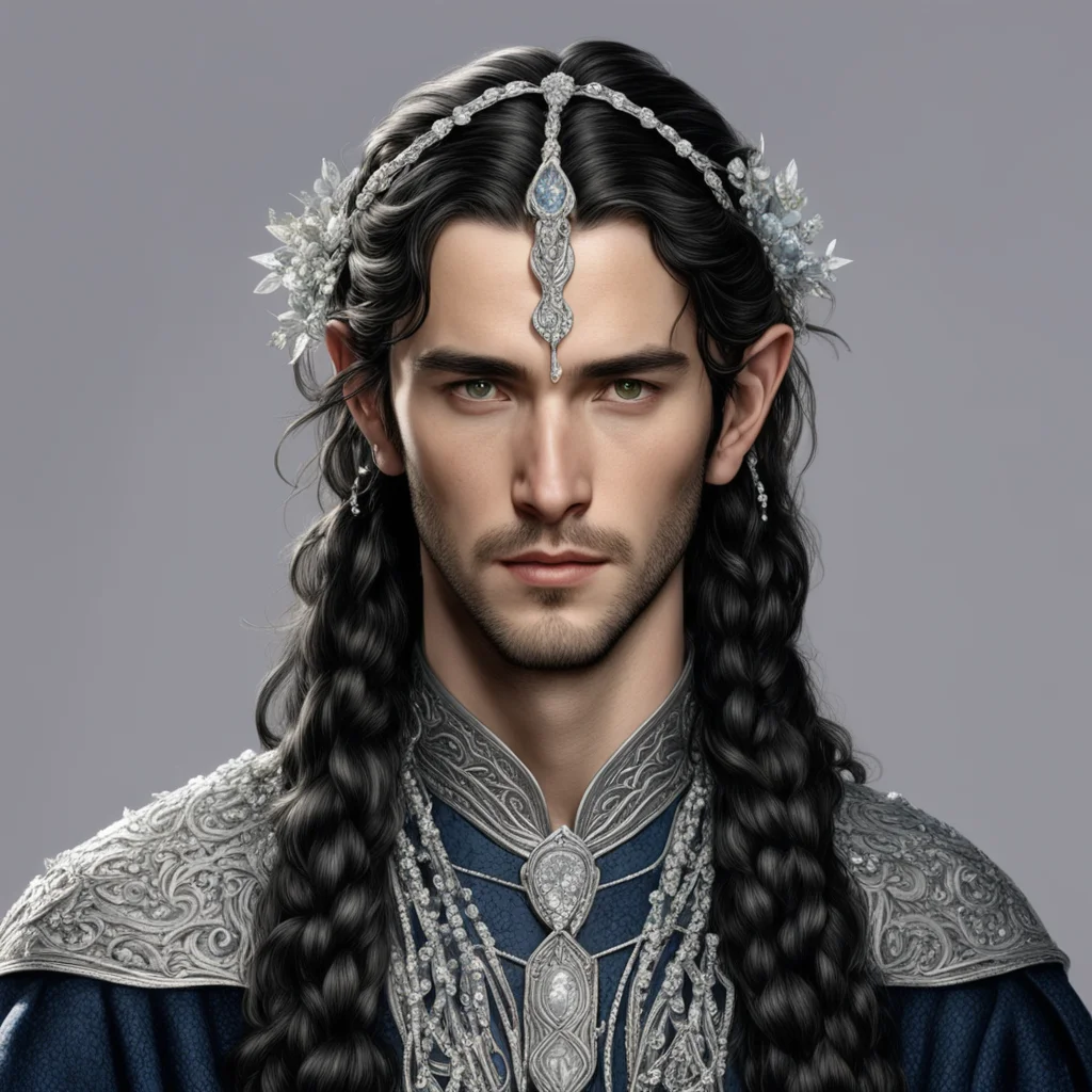 tolkien king fingon with dark hair and braids wearing small silver flowers encrusted with diamonds to form a small silver serpentine elvish circlet with large center diamond  confident engaging wow 