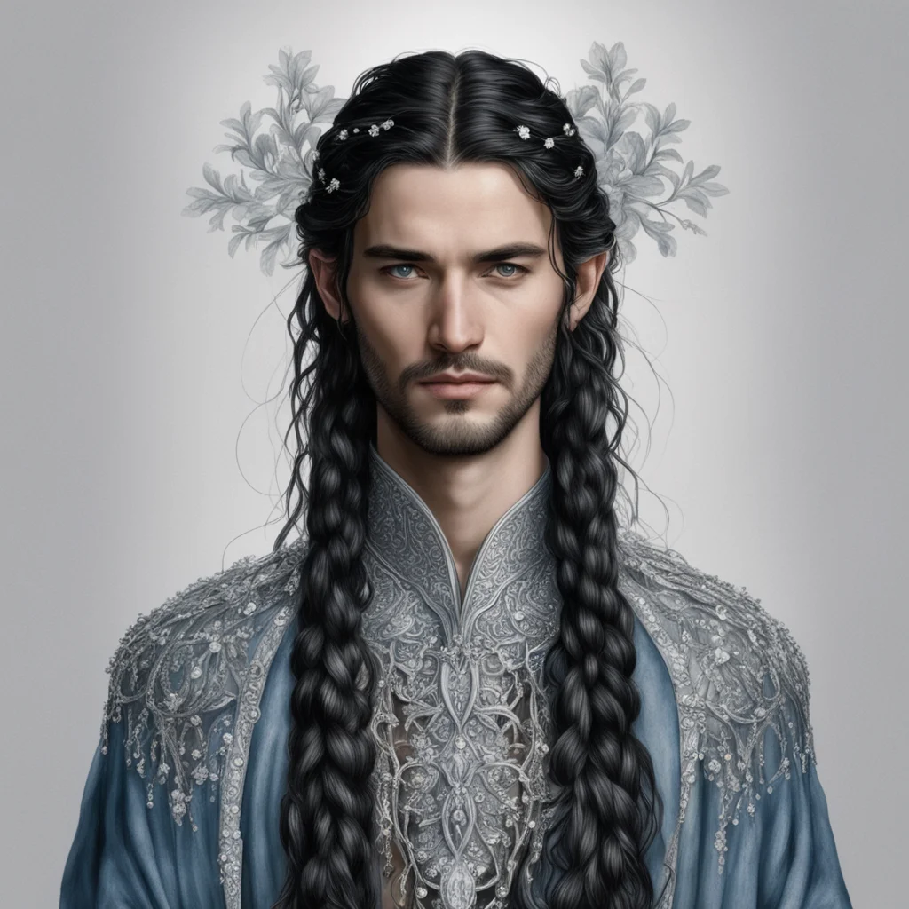 tolkien king fingon with dark hair and braids wearing small silver flowers encrusted with diamonds to form a small silver serpentine elvish circlet with large center diamond  good looking trending f