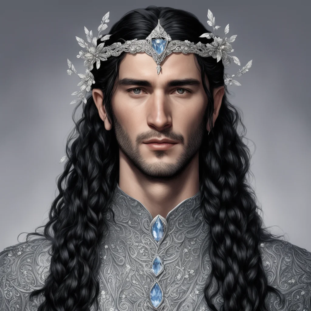 aitolkien king fingon with dark hair and braids wearing small silver flowers encrusted with diamonds to form a small silver serpentine elvish circlet with large center diamond 