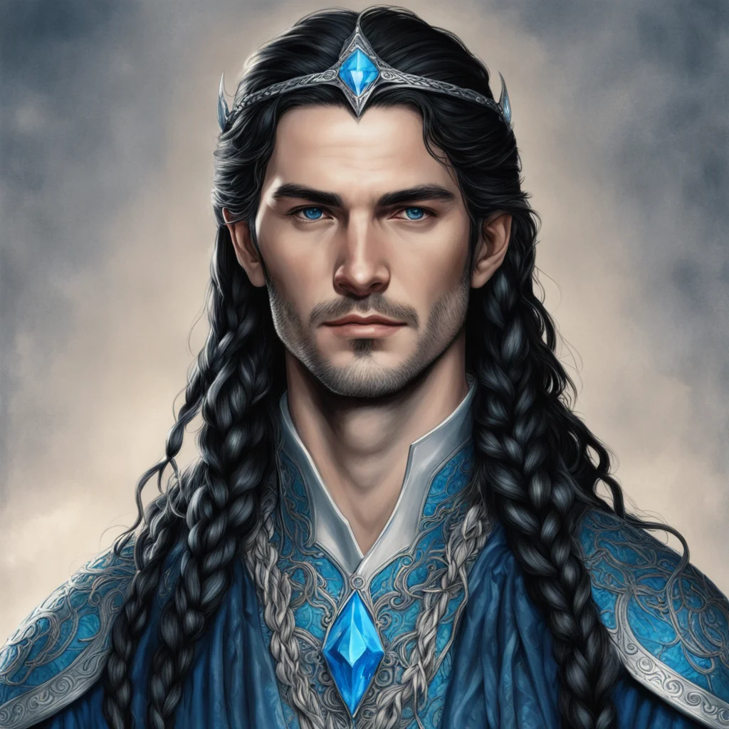 aitolkien king fingon with dark hair with braids wearing silver noldoran circlet with blue diamonds amazing awesome portrait 2