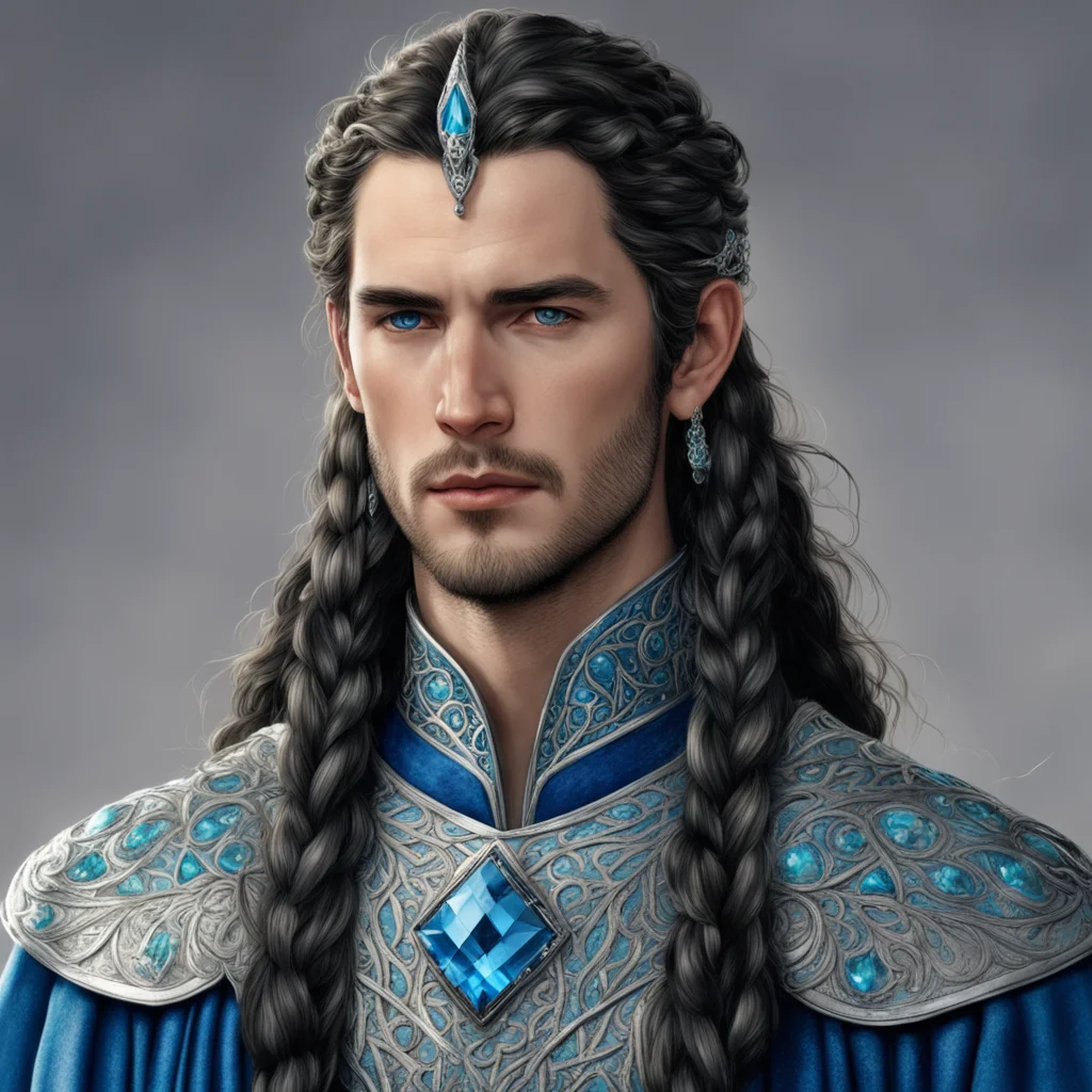 tolkien king fingon with dark hair with braids wearing silver noldoran circlet with blue diamonds confident engaging wow artstation art 3