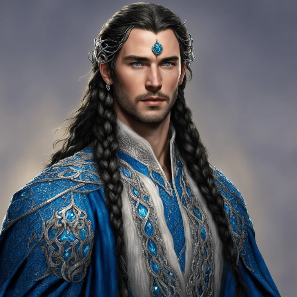 aitolkien king fingon with dark hair with braids wearing silver noldoran circlet with blue diamonds good looking trending fantastic 1