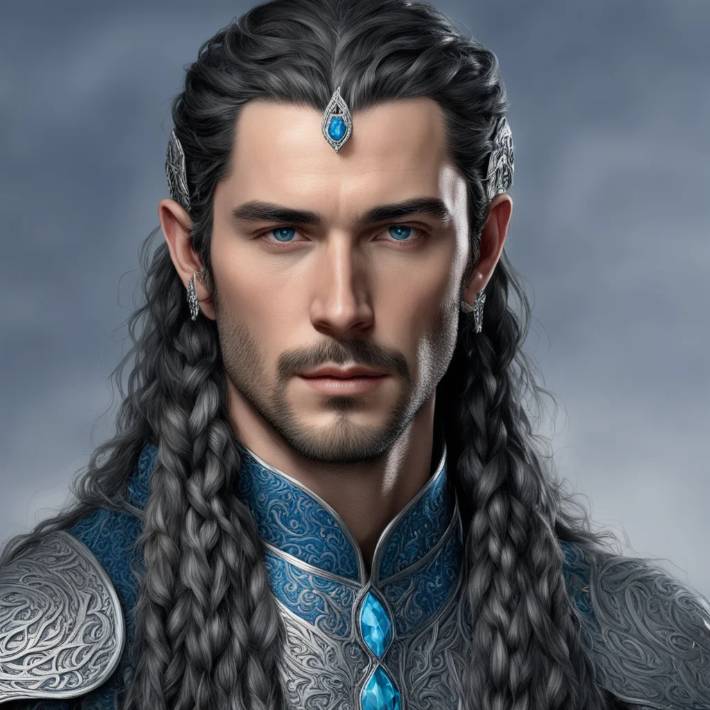 tolkien king fingon with dark hair with braids wearing silver noldoran circlet with blue diamonds
