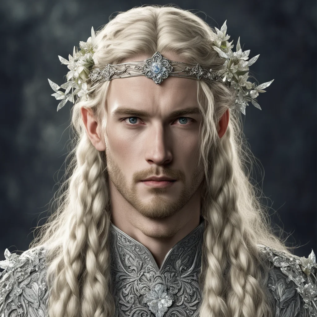 aitolkien king finrod with blond hair and braids wearing silver flowers encrusted with diamonds forming a small silver elvish circlet with large center diamond amazing awesome portrait 2