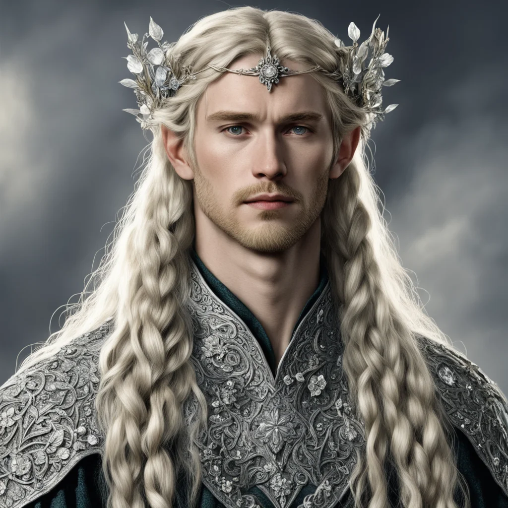 tolkien king finrod with blond hair and braids wearing silver flowers encrusted with diamonds forming a small silver elvish circlet with large center diamond good looking trending fantastic 1