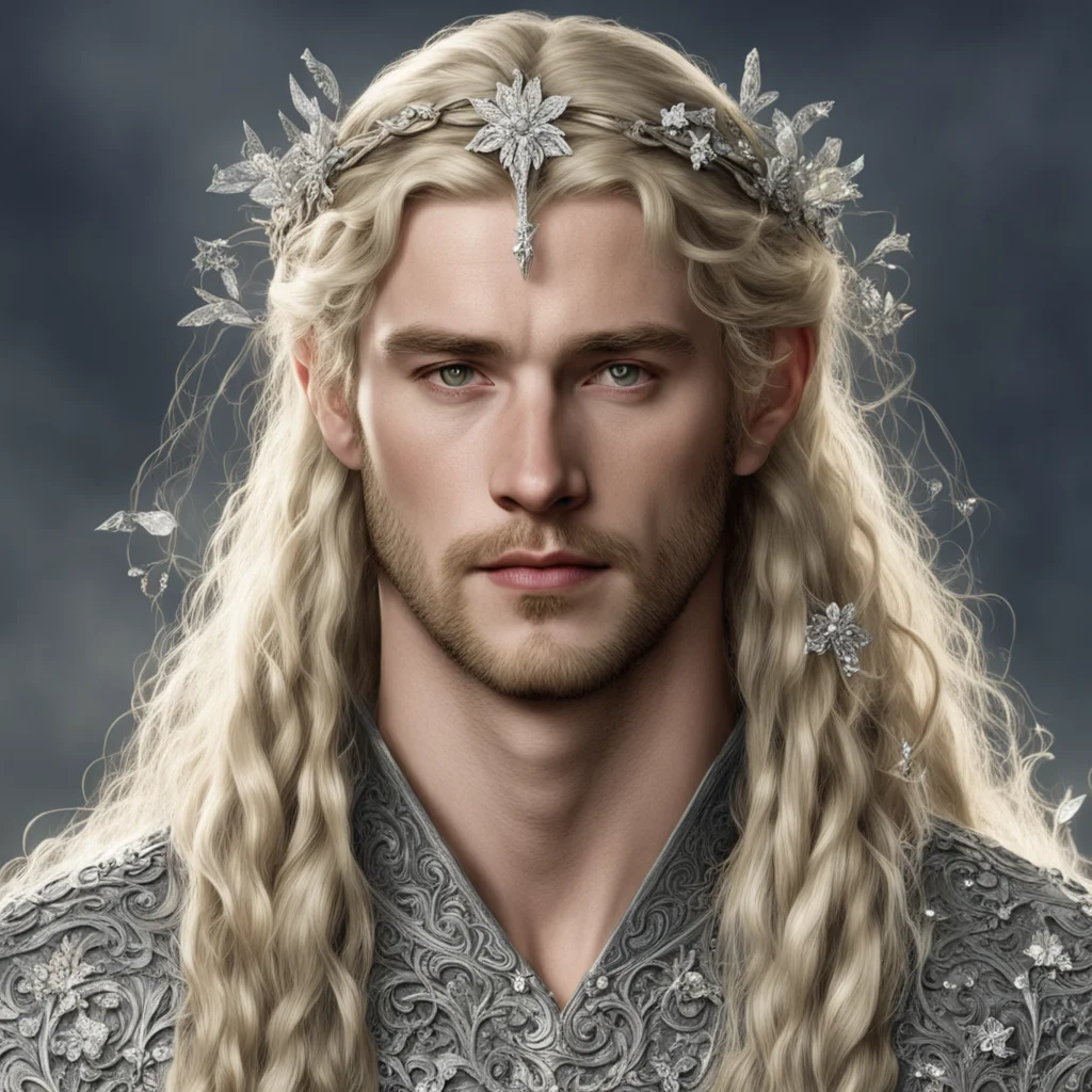 aitolkien king finrod with blond hair and braids wearing silver flowers encrusted with diamonds forming a small silver elvish circlet with large center diamond