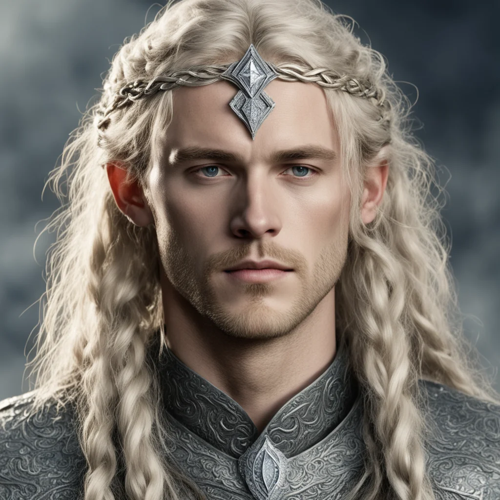 aitolkien king finrod with blond hair and braids wearing silver serpentine elvish circlet encrusted with diamonds with large center diamond amazing awesome portrait 2