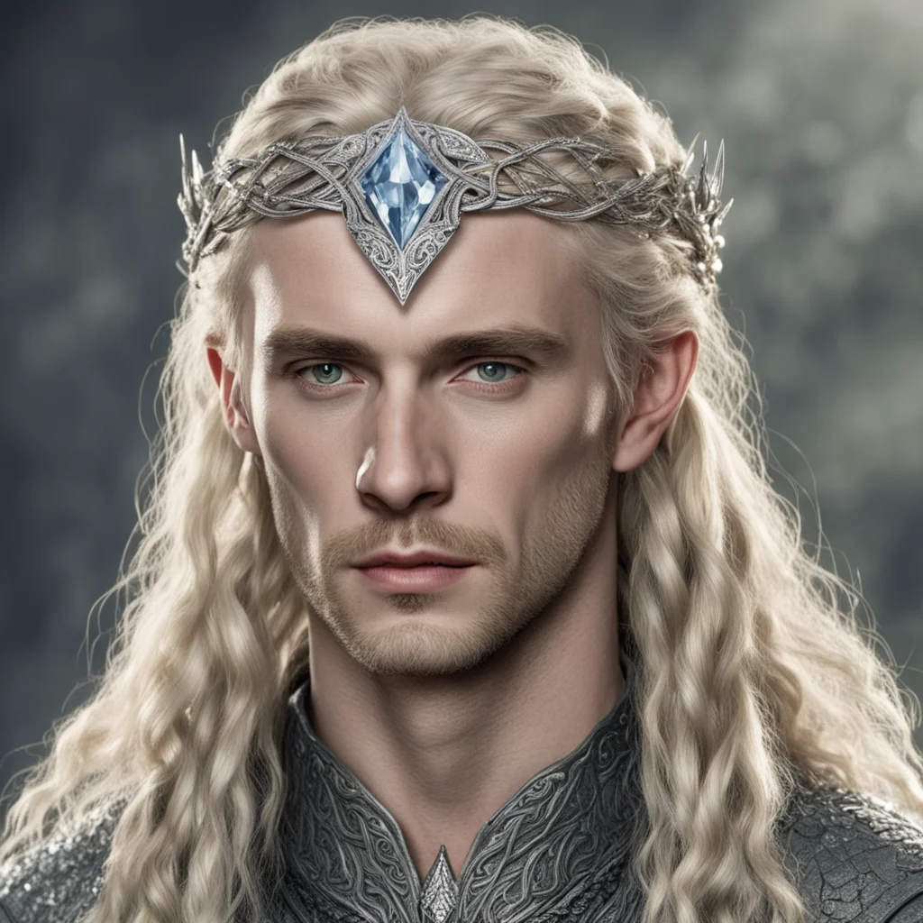 aitolkien king finrod with blond hair and braids wearing silver serpentine elvish circlet encrusted with diamonds with large center diamond good looking trending fantastic 1