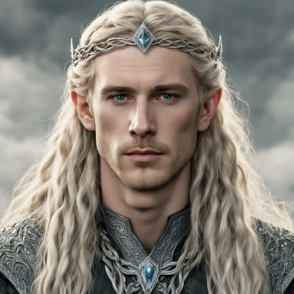 aitolkien king finrod with blond hair and braids wearing silver serpentine elvish circlet encrusted with diamonds with large center diamond