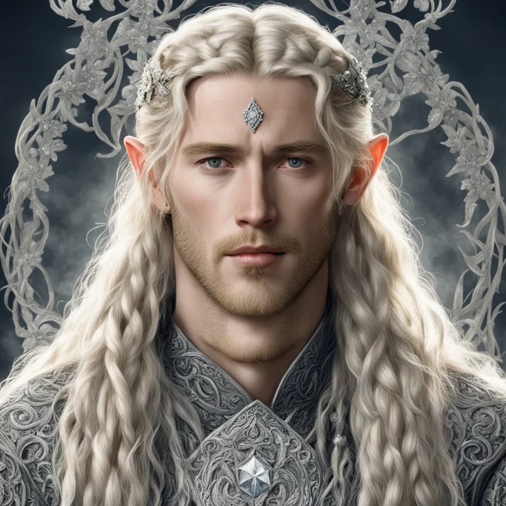 tolkien king finrod with blond hair and braids wearing silver vines encrusted with diamonds with silver flowers encrusted with diamonds forming a silver elvish circlet with large center diamond conf
